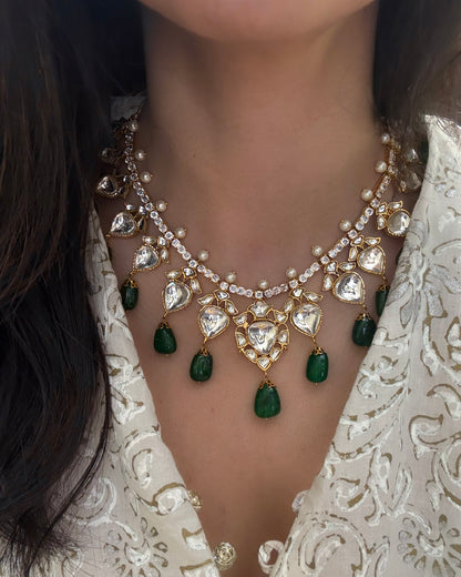 Ambi Set – kundan necklace and earrings with green stone hangings by ShehNoor Jewels